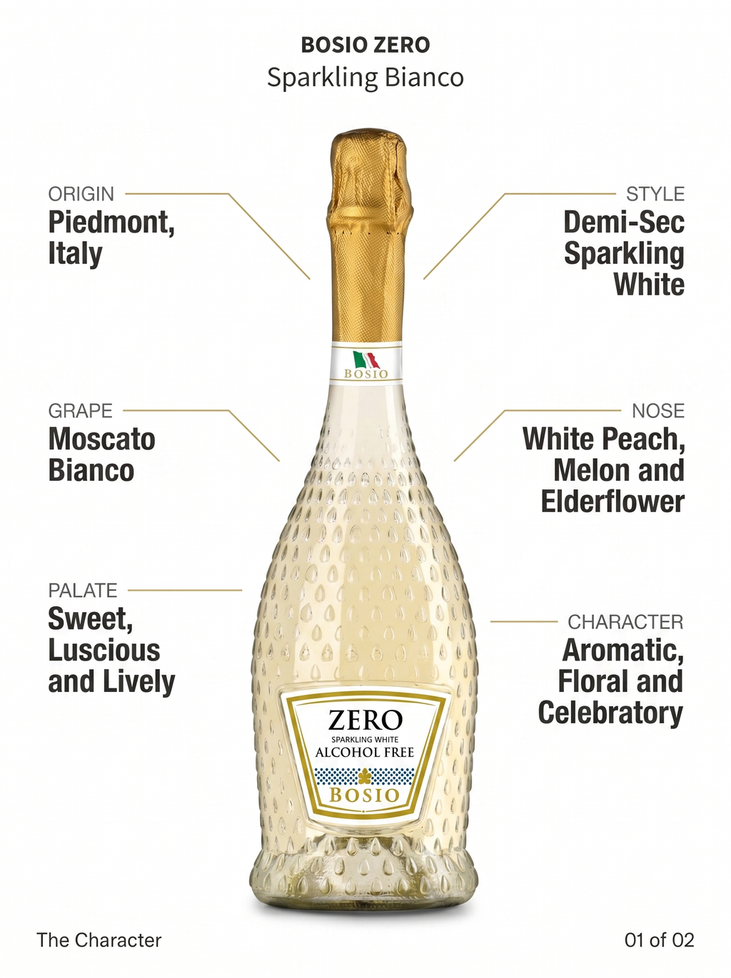 Bosio Zero Sparkling Bianco Alcohol Free White Sparkling Wine 0.0% 750ml Bosio Zero