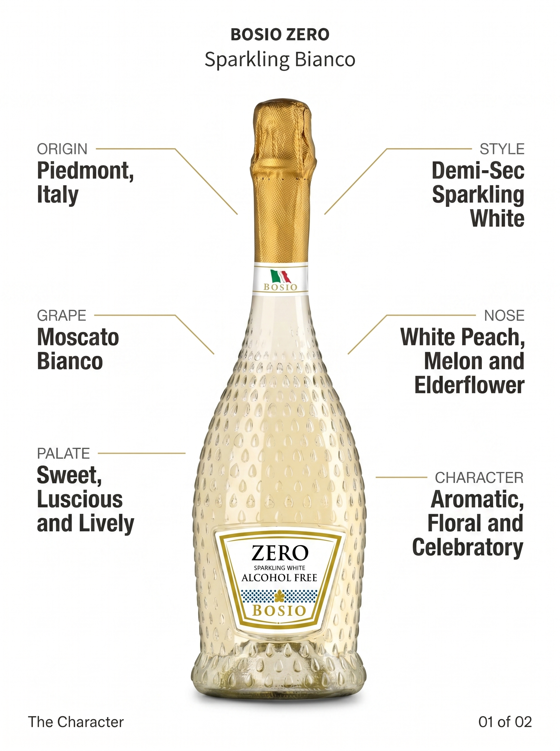Bosio Zero Sparkling Bianco Alcohol Free White Sparkling Wine 0.0% 750ml Bosio Zero