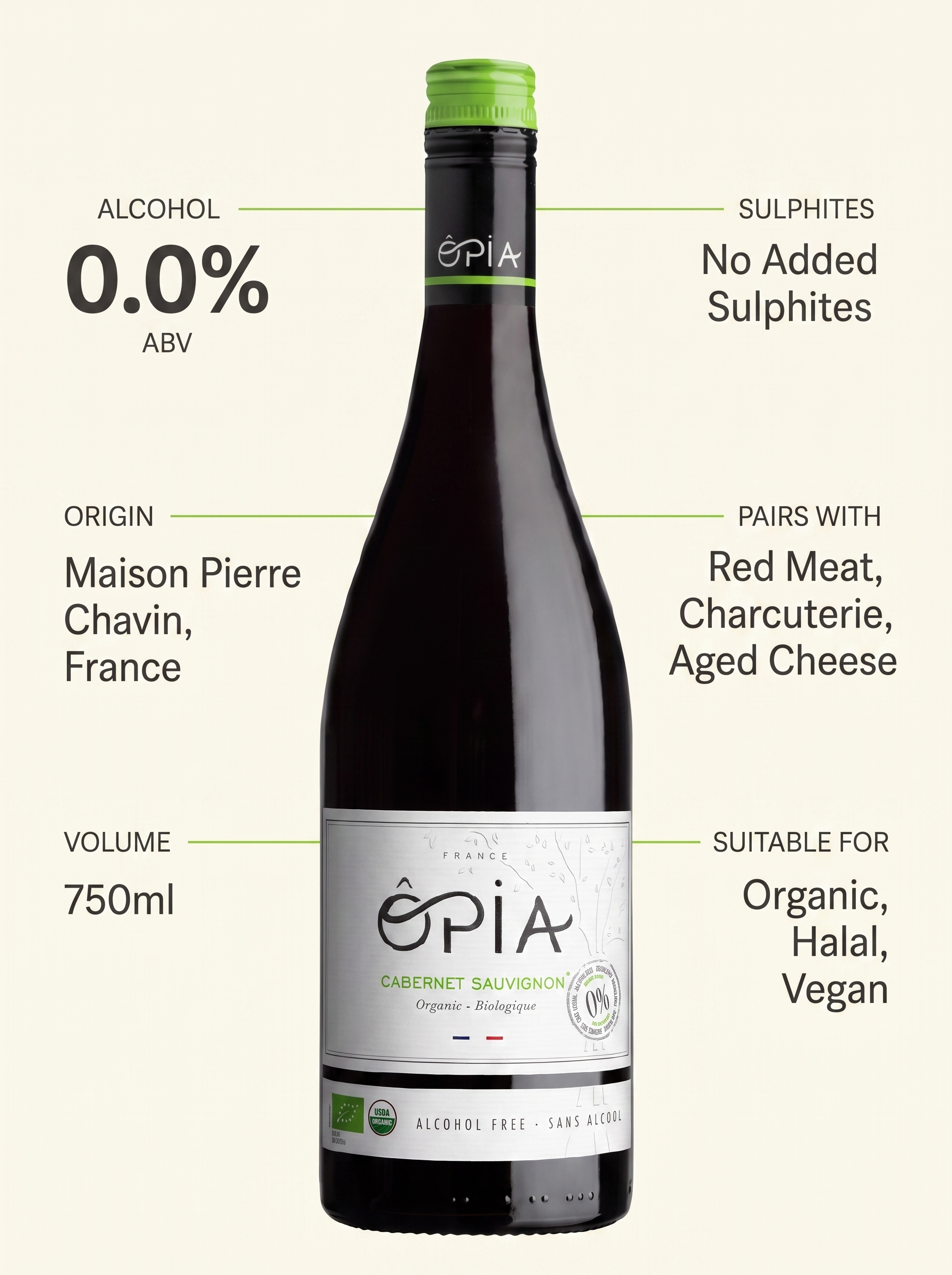 ÔPIA® Cabernet Sauvignon Halal Alcohol Free Red Wine 0.0% 750ml OPIA