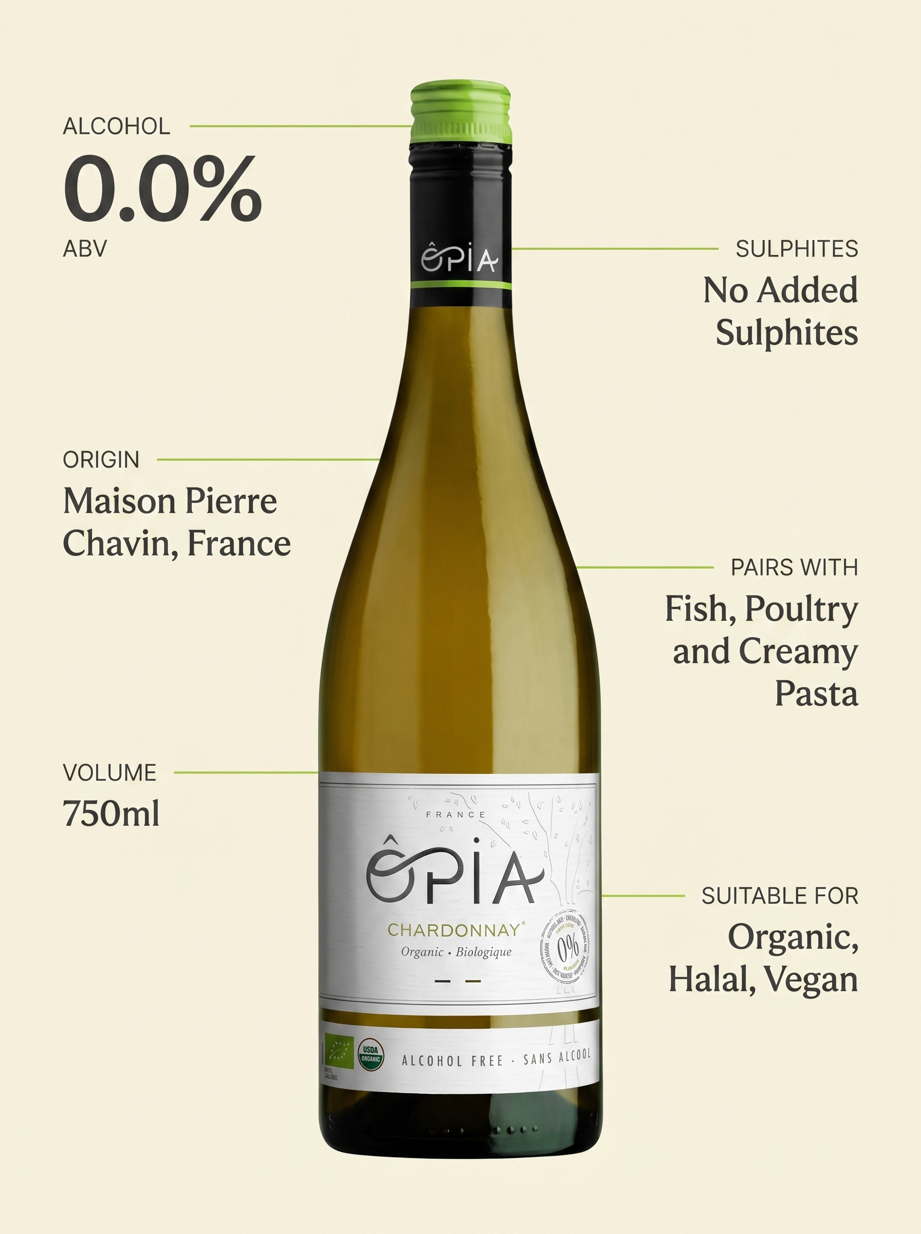 ÔPIA® Chardonnay Halal Alcohol Free White Wine 0.0% 750ml OPIA