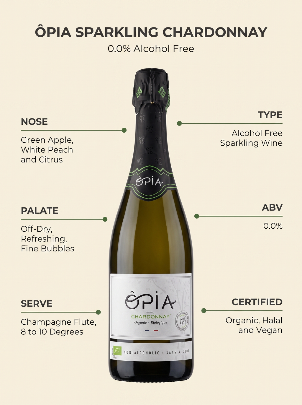 ÔPIA® Sparkling Chardonnay Halal Alcohol Free White Sparkling Wine 0.0% 750ml OPIA