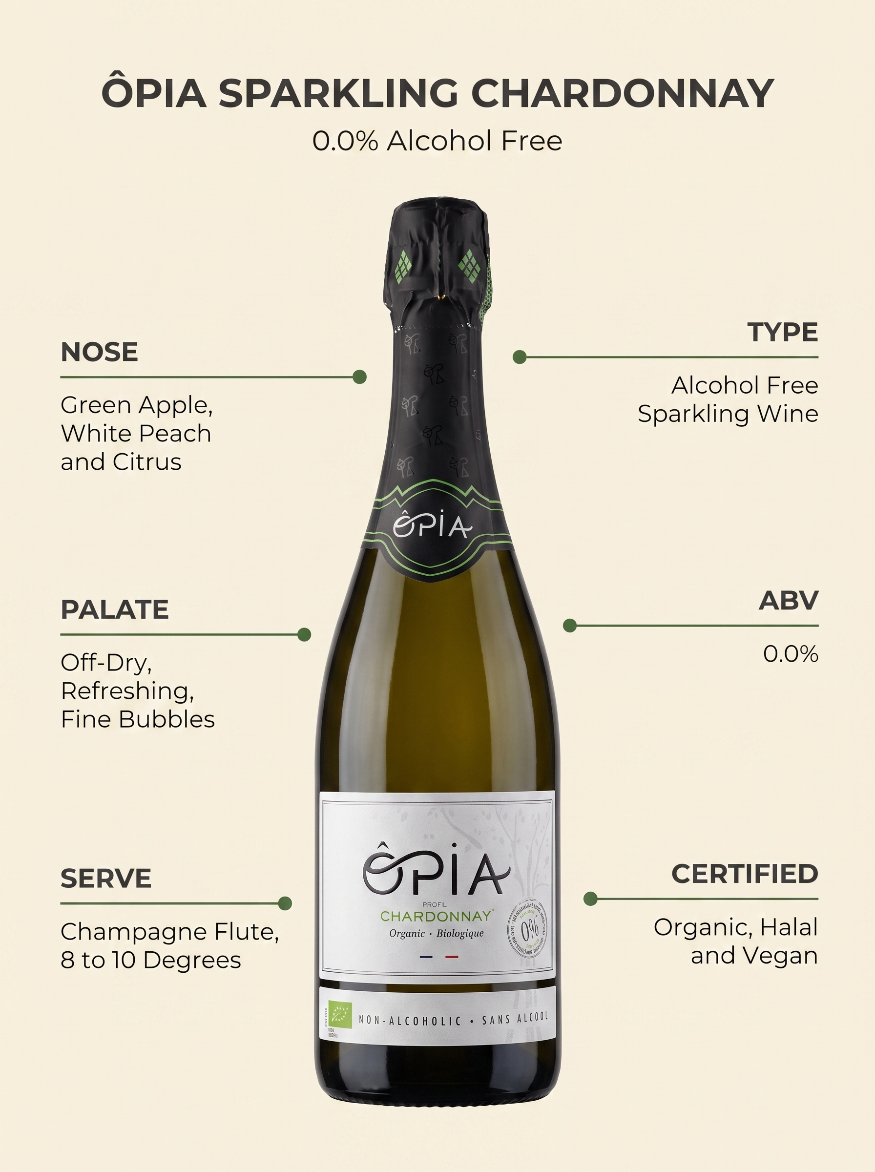 ÔPIA® Sparkling Chardonnay Halal Alcohol Free White Sparkling Wine 0.0% 750ml OPIA