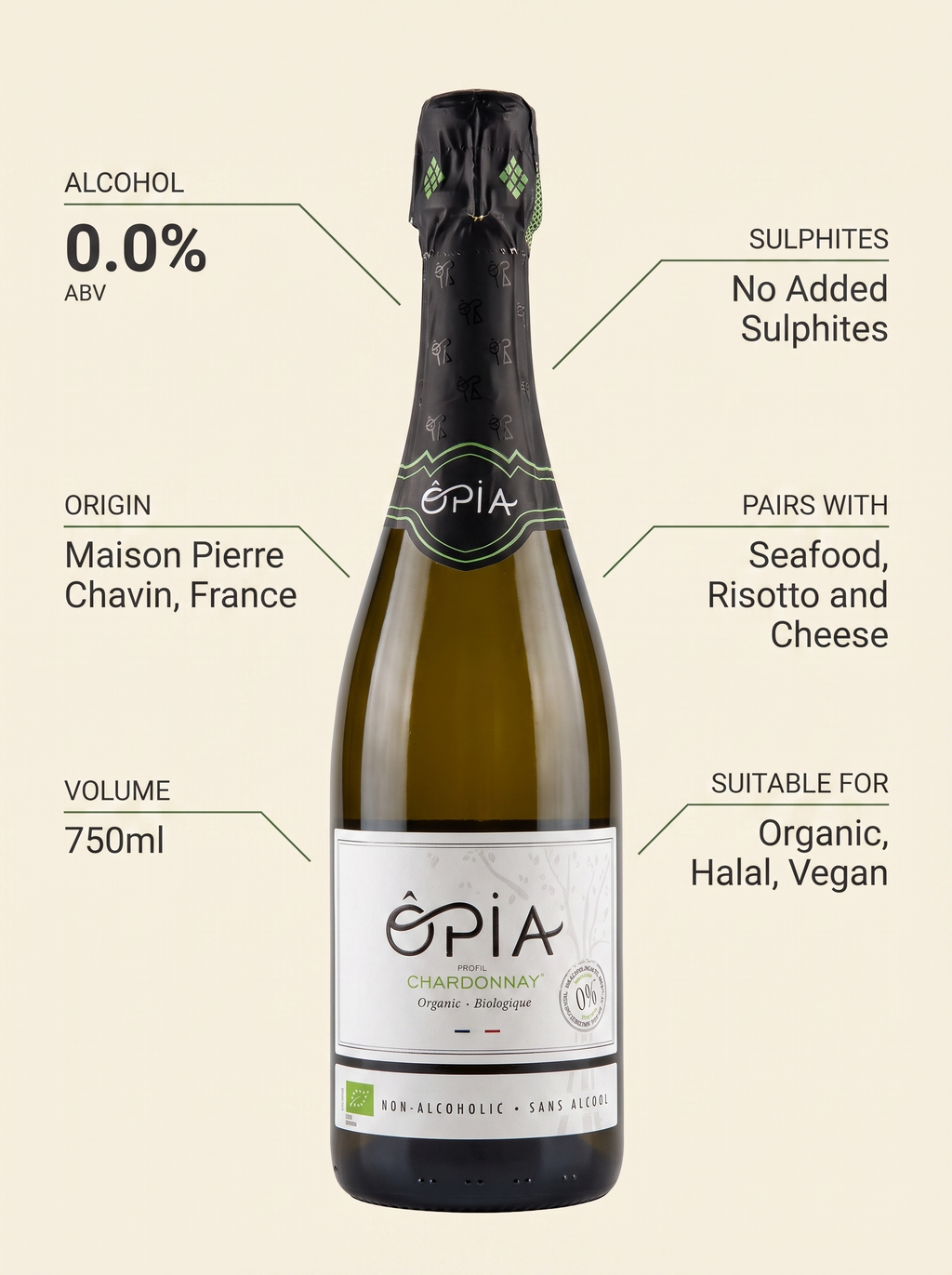 ÔPIA® Sparkling Chardonnay Halal Alcohol Free White Sparkling Wine 0.0% 750ml OPIA
