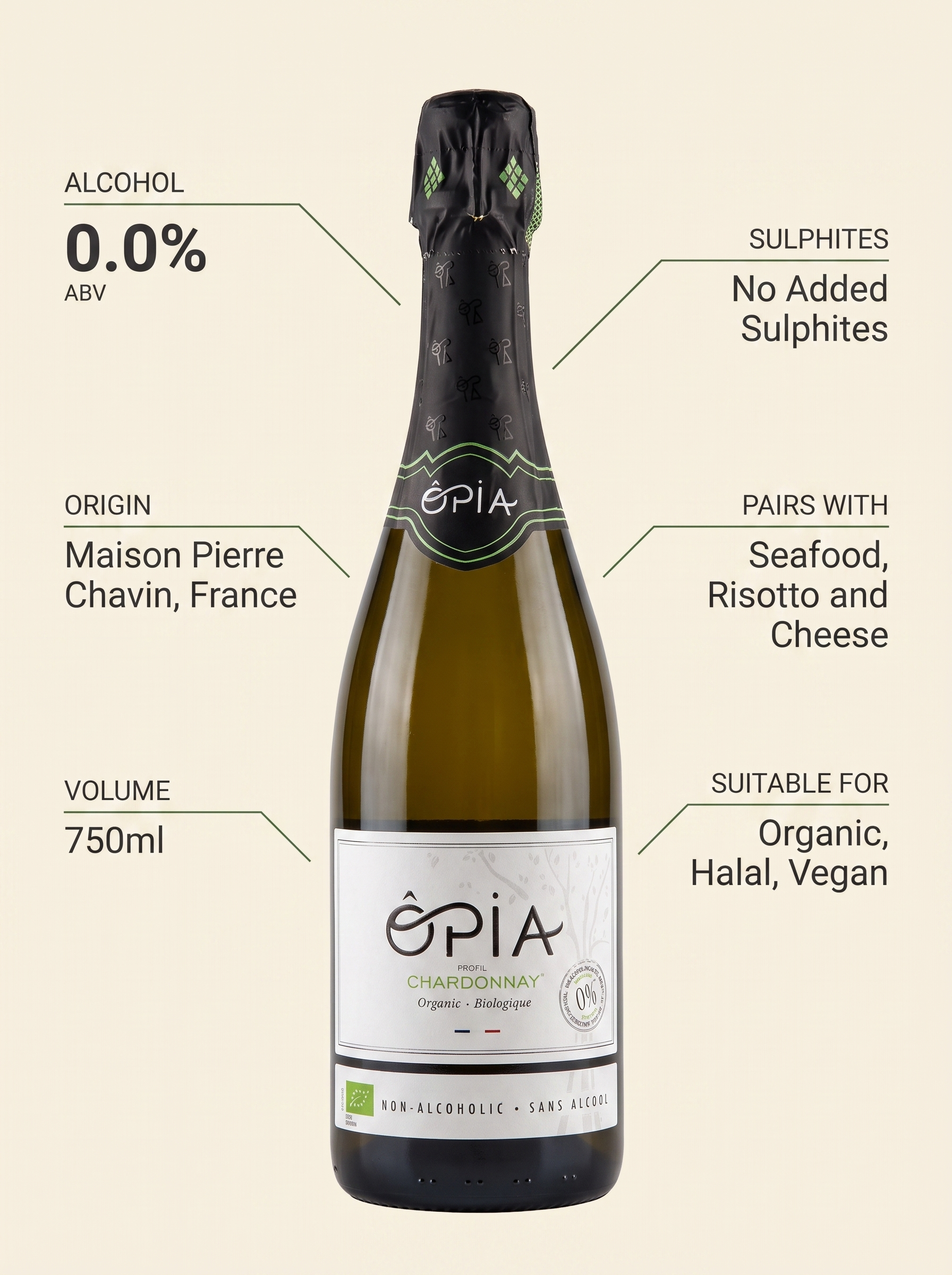 ÔPIA® Sparkling Chardonnay Halal Alcohol Free White Sparkling Wine 0.0% 750ml OPIA