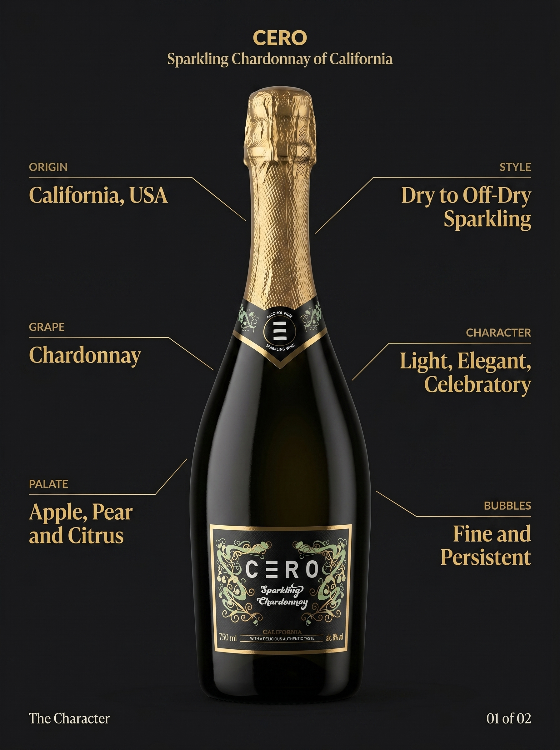 Cero Sparkling Chardonnay Alcohol Free White Sparkling Wine 0.0% 750ml Cero